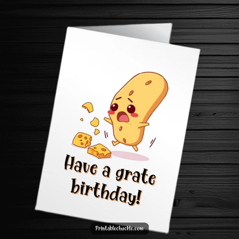 Funny Free Printable Birthday Card: Startled baguette frantically dodging falling cheese, a chaotic celebration of their special day.
