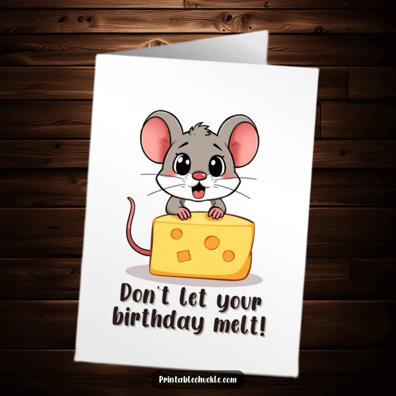 Funny Free Printable Birthday Card showing a startled wedge of cheese fleeing from a determined, hungry cartoon mouse.