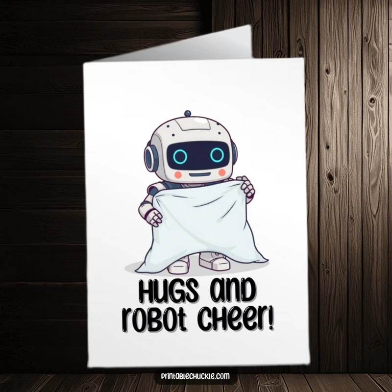 Funny Free Printable Birthday Card featuring a clumsy robot hilariously failing to fold a fitted sheet, a household battle.