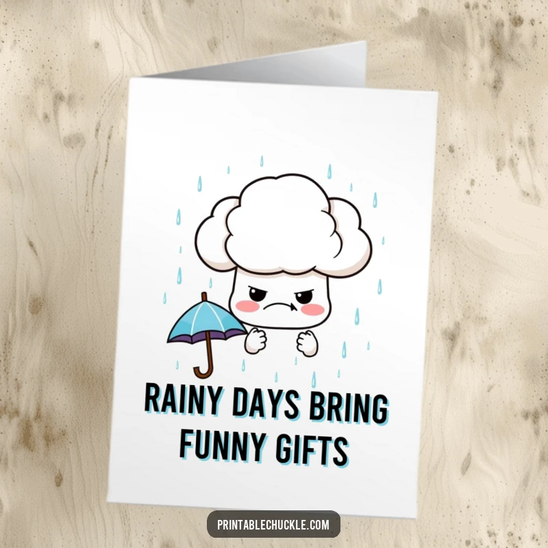 Funny Free Printable Birthday Card featuring a grumpy cloud raining tiny umbrellas with a surprisingly organized pattern.