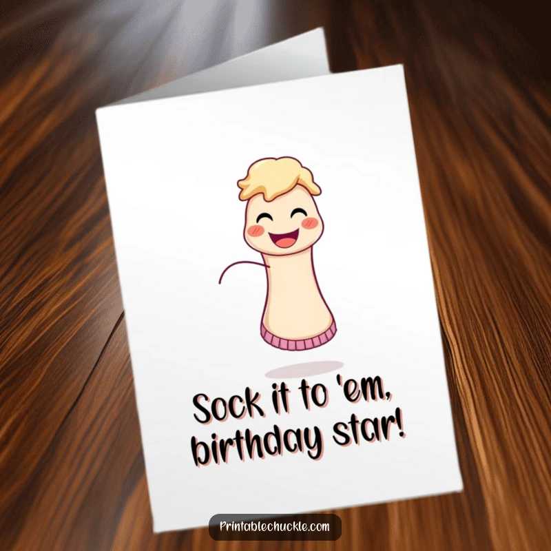Funny Free Printable Birthday Card featuring a happy sock puppet with a string trailing behind, perfect for playful celebrations.