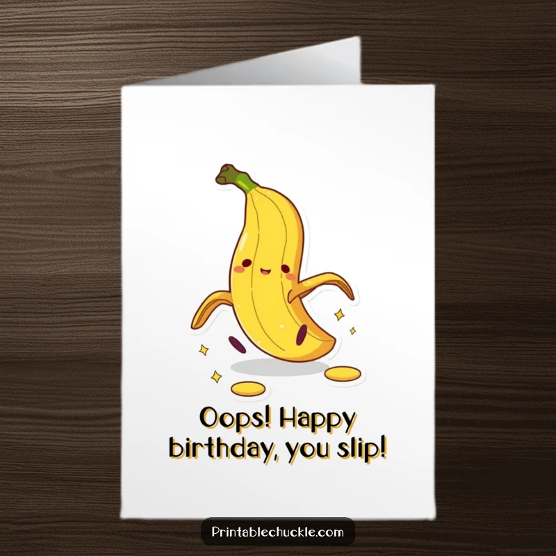 Funny Free Printable Birthday Card: A banana peel slips dramatically, mid-fall, with wide eyes and a surprised expression.