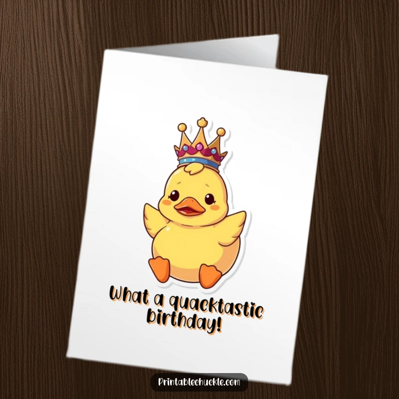 Funny Free Printable Birthday Card: A rubber duck wearing a tiny crown floats upside down, looking utterly perplexed.