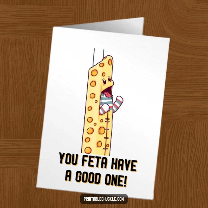 Funny Free Printable Birthday Card: A determined sock puppet character scales a towering skyscraper constructed entirely of cheese.