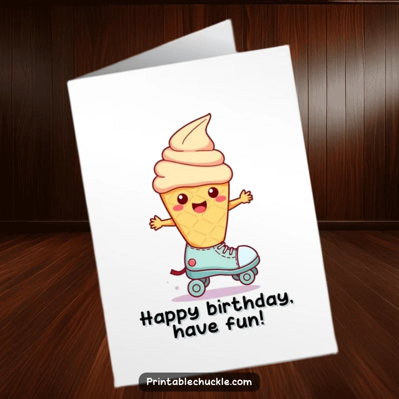 Funny Free Printable birthday card: a wobbly ice cream cone character hilariously tries to balance on a squeaky roller skate.