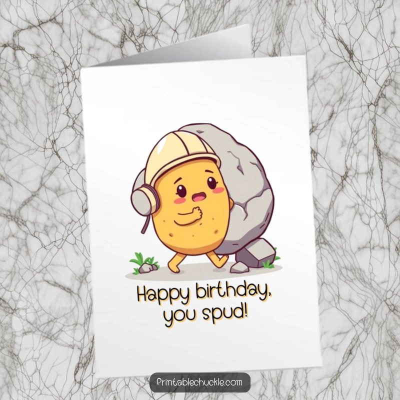 Funny free printable birthday card: Determined potato in helmet pushes massive boulder, a motivational DIY gift.