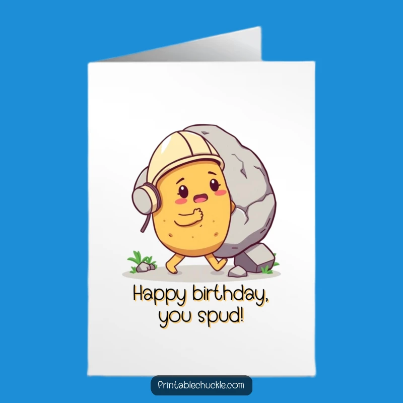 Free Printable Funny Birthday Card: Determined Potato Boulder Push Downloadable Gift