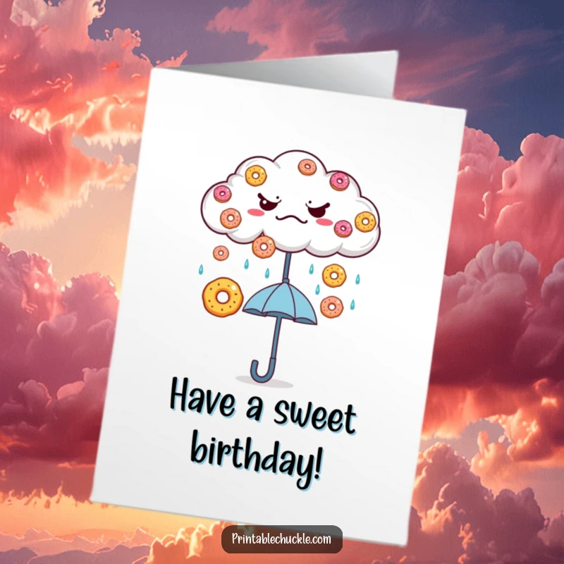Funny Free Printable birthday card: a grumpy cloud rains perfect donuts onto a happy umbrella below.