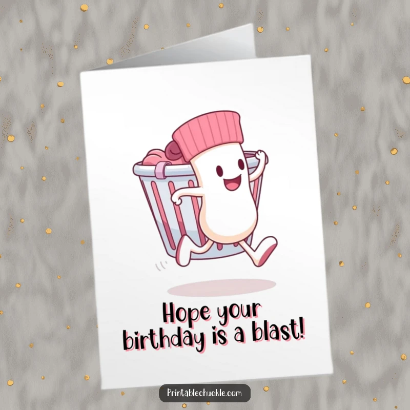Funny Free Printable Birthday Card: A sock with legs sprints away from a laundry basket, a comical escape in downloadable art.
