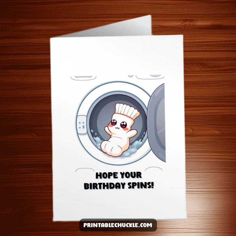 Funny Free Printable Birthday Card: Flustered sock with googly eyes falling from washing machine, humorous gift.