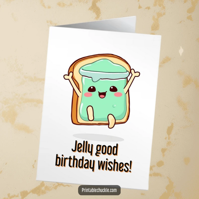 Funny free printable birthday card featuring a toast character diving headfirst into a jelly jar with a smile.