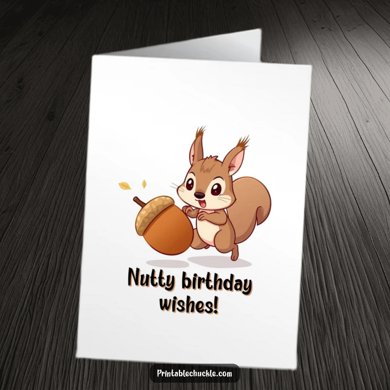 Funny Free Printable Birthday Card: A startled acorn flees from a determined squirrel, capturing chaotic birthday energy.