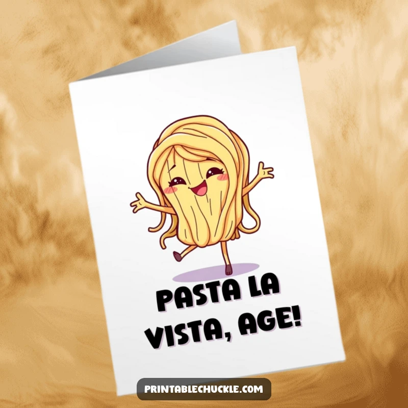 Funny Free Printable Birthday Card featuring a dancing spaghetti noodle with a mischievous grin, ready to celebrate.