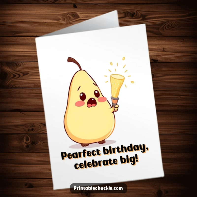Funny free printable birthday card: a pear with wide eyes reacting to a champagne cork popping unexpectedly.