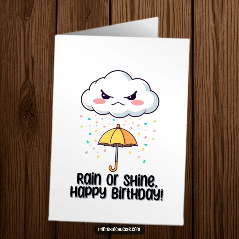 Funny free printable birthday card, a grumpy cloud raining colorful confetti onto a small, cheerful umbrella.