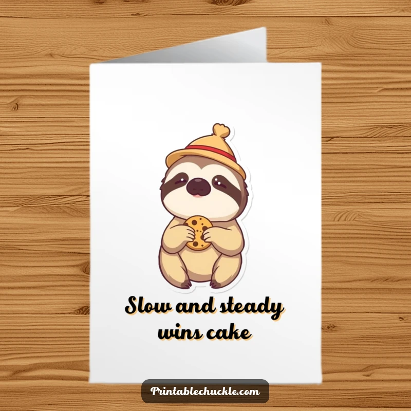 Funny Free Printable Birthday Card: Lazy sloth in tiny hat, reaching for cookie, perfect DIY humorous gift.