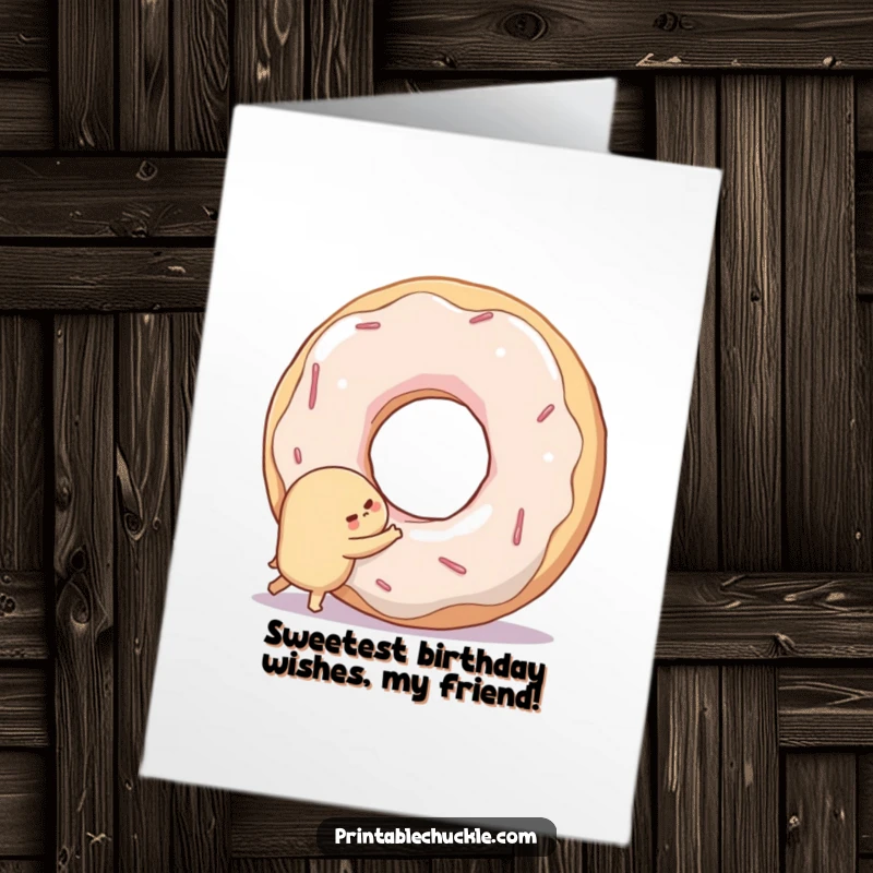 Funny Free Printable Birthday Card: Shy donut tries to hug a giant smiling doughnut hole, a sweet and comical scene.