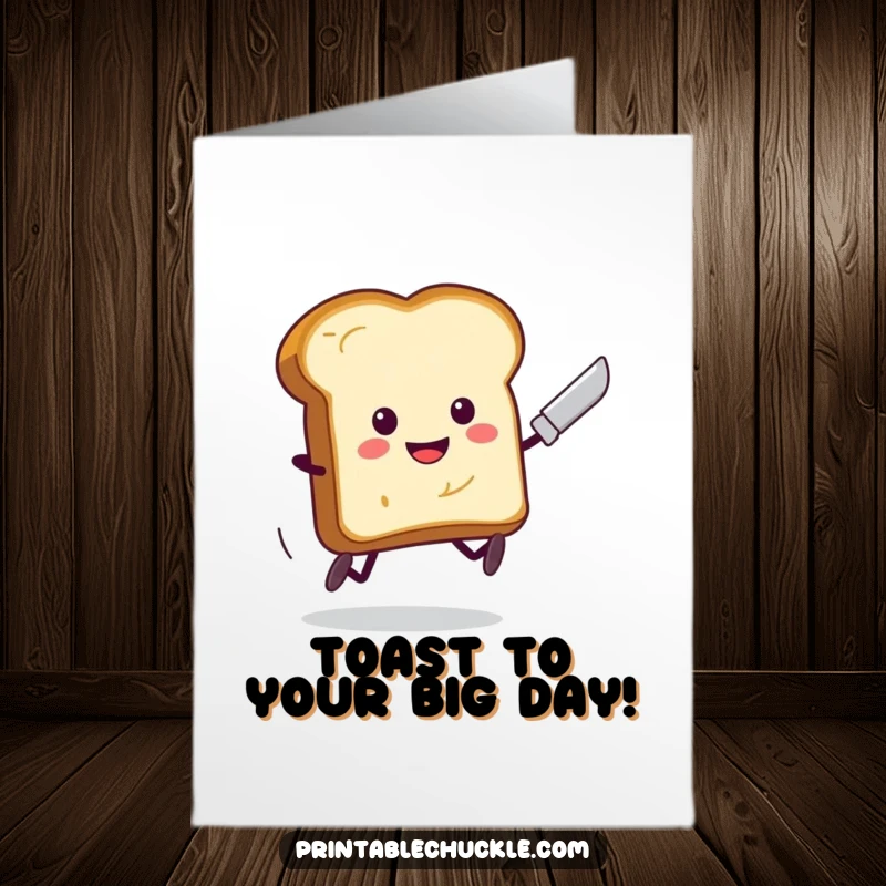 Funny Free Printable birthday card: a smiling toast character with legs hilariously sprints away from a menacing butter knife.