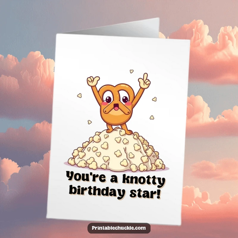 Funny Free Printable Pretzel Birthday Card: Triumphant pretzel strikes a victory pose atop a mountain of fluffy popcorn, celebrating.