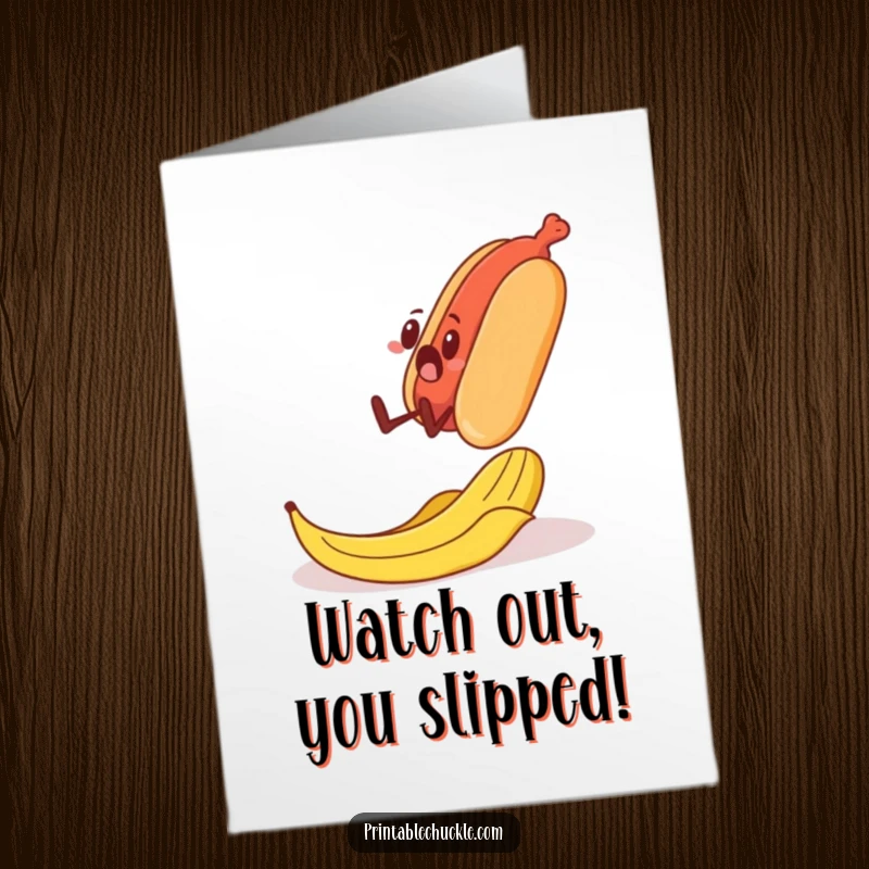 Funny Free Printable Congrats Card: Hot dog startled by a banana peel, symbolizing a comical and unexpected win.