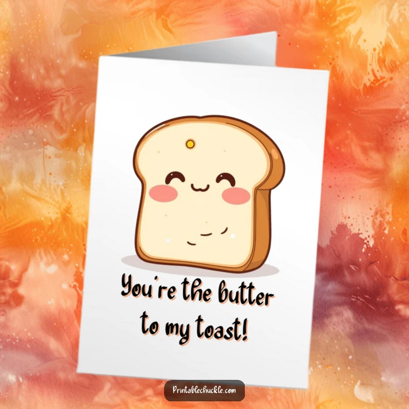 Funny Free Printable Congrats Card: Blushing bread slice hiding behind butter, celebrating success with shy humor.
