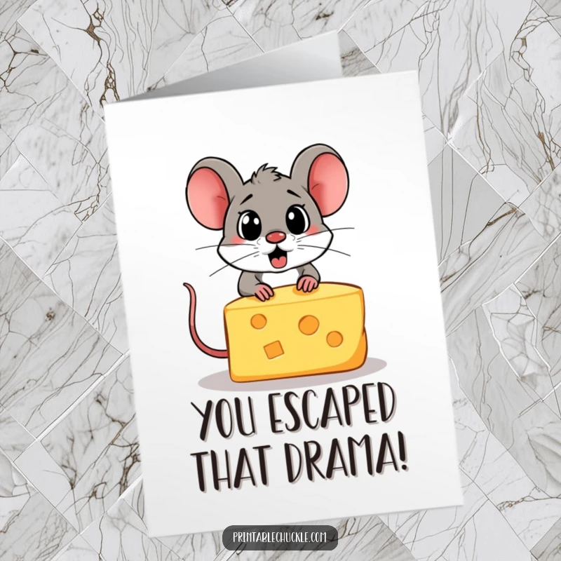 Funny Free Printable Congratulations Card featuring a frightened piece of cheese trying to escape a hungry cartoon mouse.