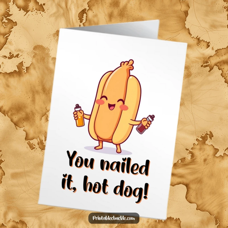 Funny Free Printable Congratulations Card: A beaming hot dog artistically juggles miniature condiment bottles, celebrating success with zest.