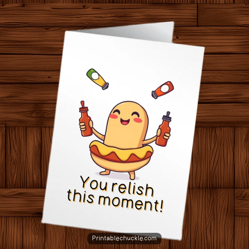 Funny Free Printable Congratulations Card: Smiling hot dog expertly juggling tiny condiment bottles, looking proud.