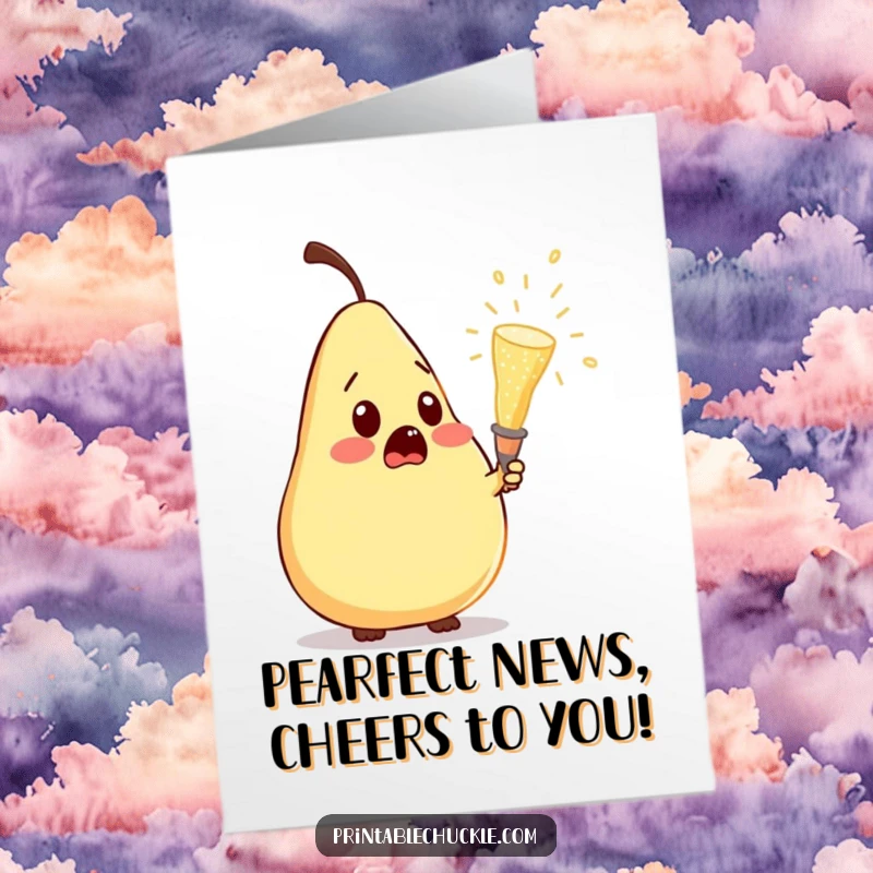 Funny free printable congratulations card: a pear looking surprised as a champagne cork pops right next to it.