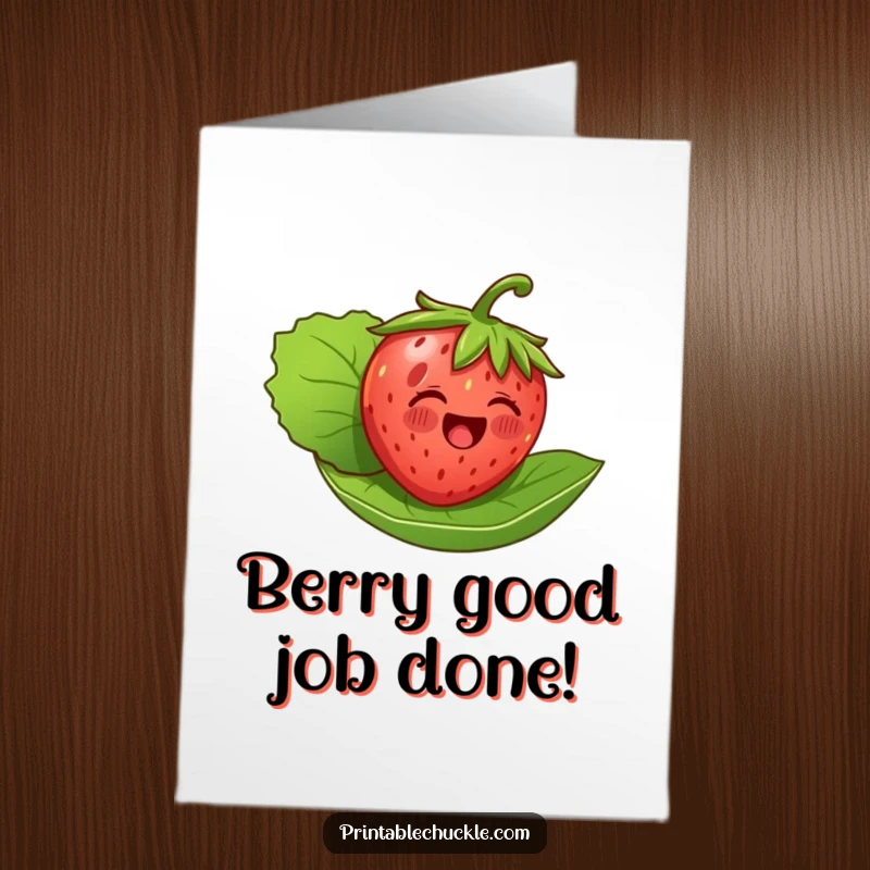 Funny Free Printable Congratulations Card: A happy strawberry balances precariously on its leaf, celebrating a sweet victory.