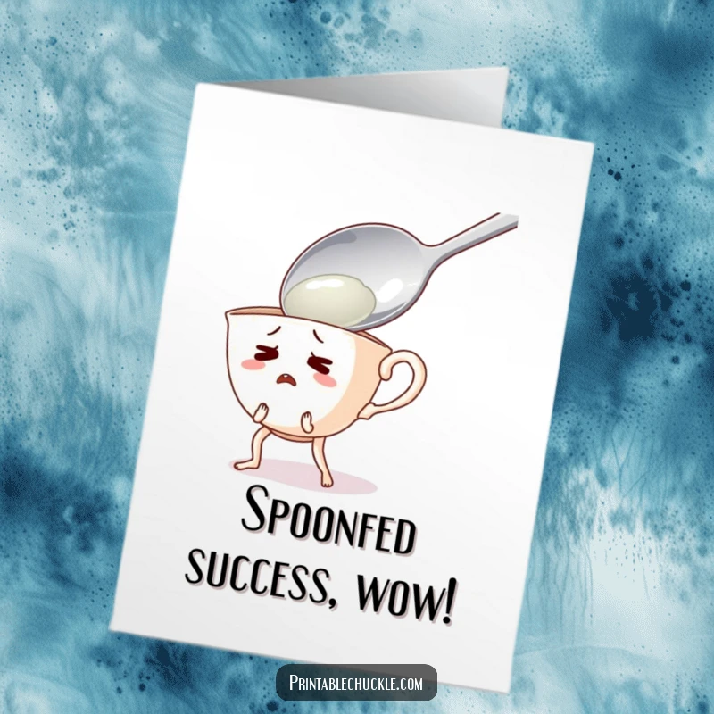 Funny Free Printable Teacup Congratulations Card: Startled teacup with legs recoils from a giant spoon, symbolizing overwhelming congratulations.