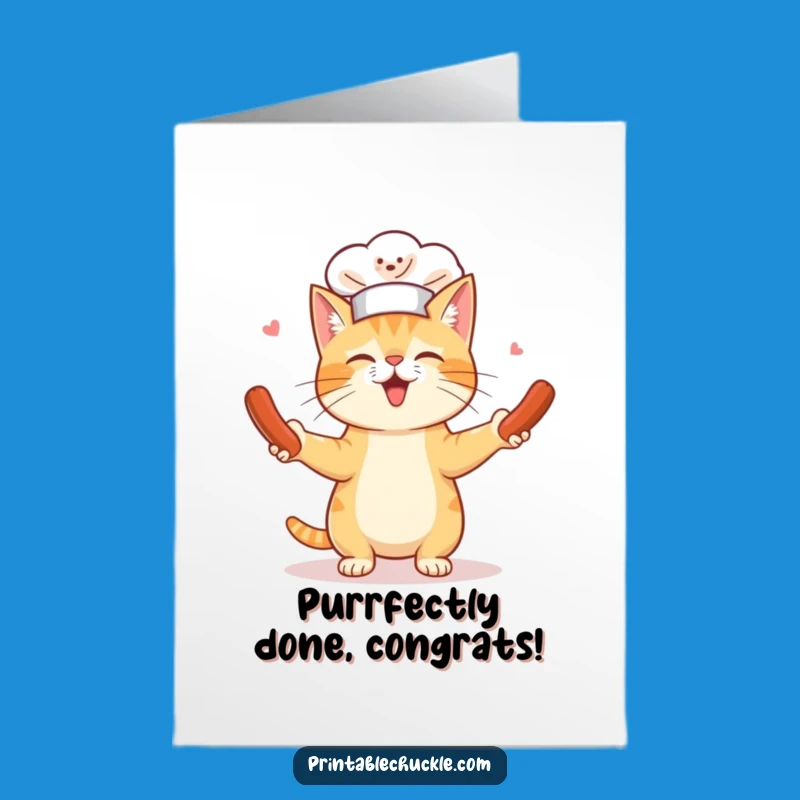 Free Printable Congratulations Card: Chef Cat Juggling - Humorous Downloadable