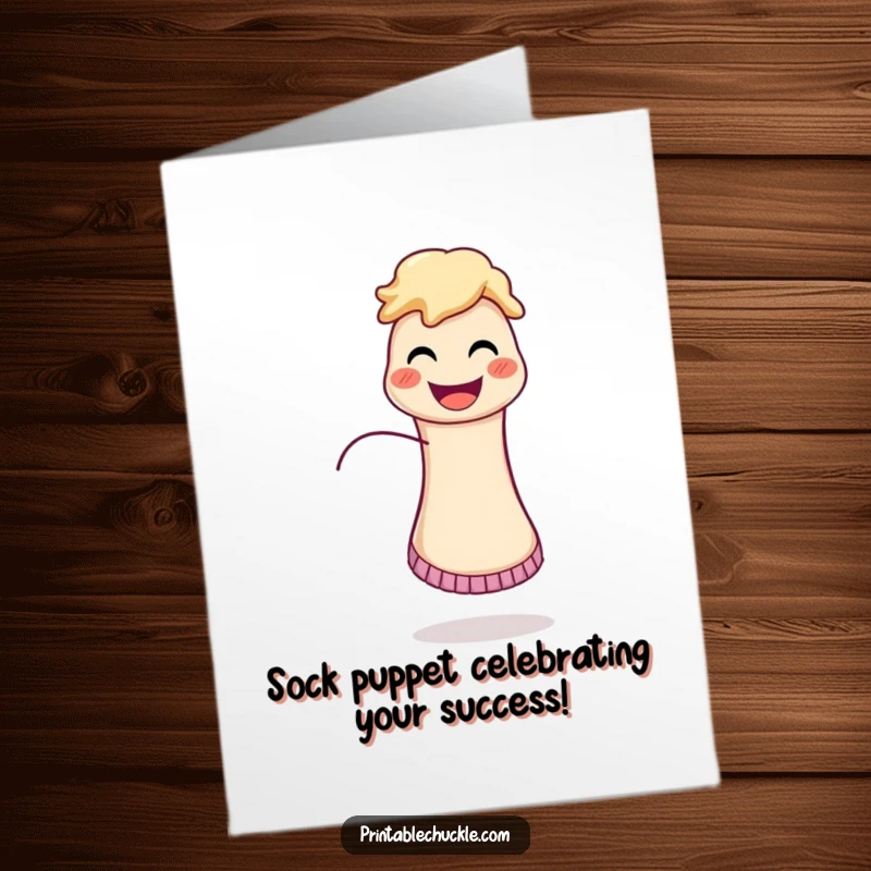 Funny Free Printable Congratulations Card: a happy sock puppet with a runaway string, ideal for celebrating wins.