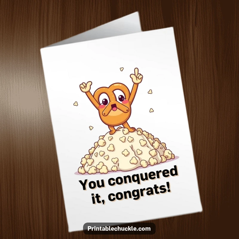 Funny Free Printable Pretzel Congratulations Card: Triumphant pretzel strikes a victory pose on a popcorn mountain summit, celebrating a grand achievement.
