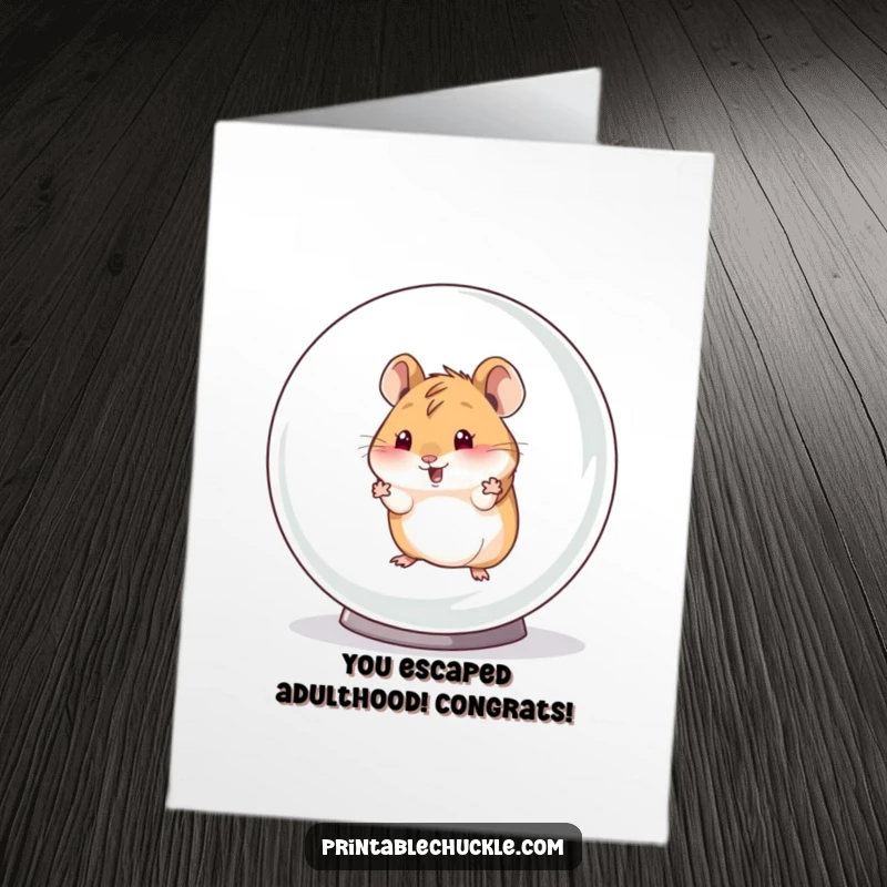 Funny Free Printable Congratulations Card: Determined hamster escaping its ball, symbolizing breaking free to success.