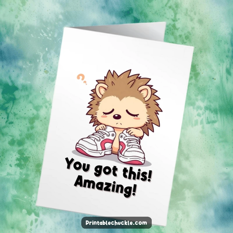Funny Free Printable Hedgehog Congratulations Card: A confused hedgehog struggles to put on comically large sneakers.