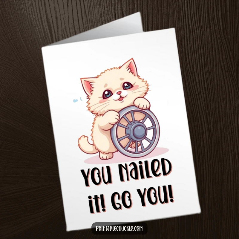 Funny Free Printable Cat Congratulations Card: A fluffy cat hilariously falling over while attempting an ab wheel.