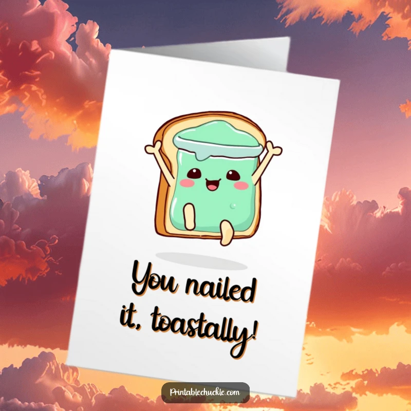 Funny free printable congratulations card, toast character making a dramatic dive into a jelly jar, celebrating success.