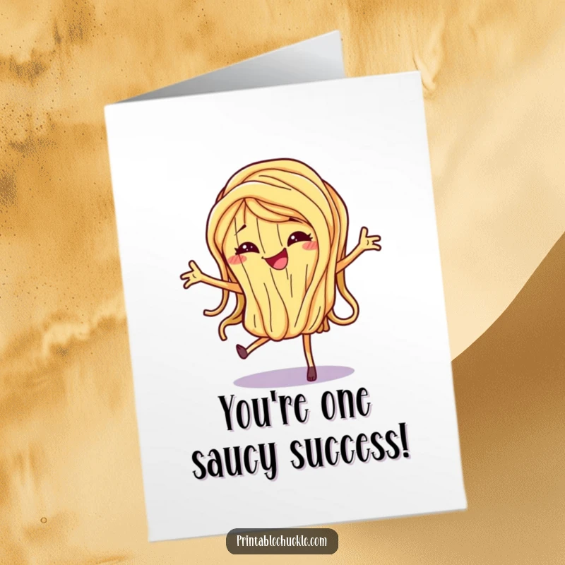 Funny Free Printable Congratulations Card of a dancing spaghetti noodle with a mischievous grin, spreading cheer.