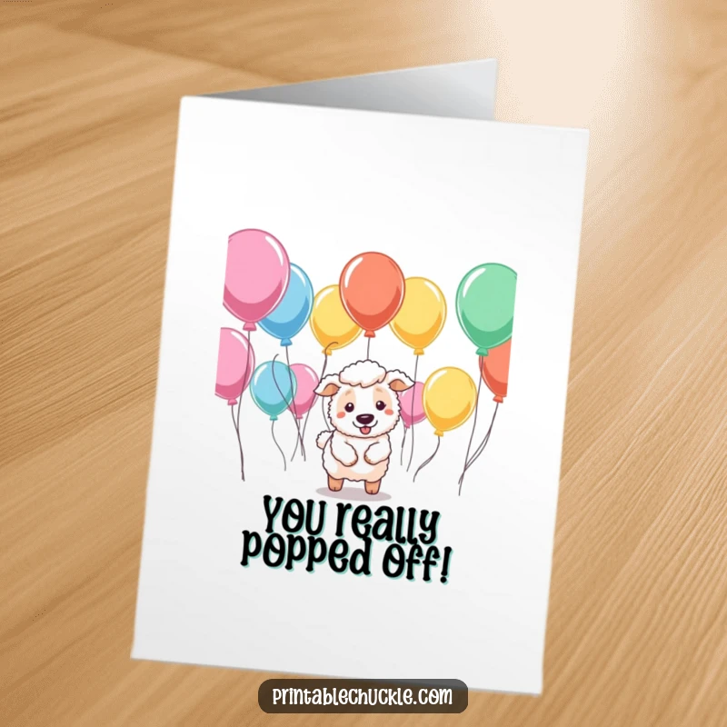 Funny Free Printable Congratulations Card: A sheepdog struggling to herd a group of floating, disobedient balloons.