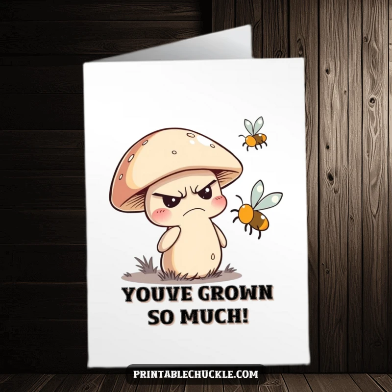 Funny Free Printable Congrats Card: Grumpy mushroom trying to swat a fly, symbolizing overcoming annoying obstacles to achieve success.