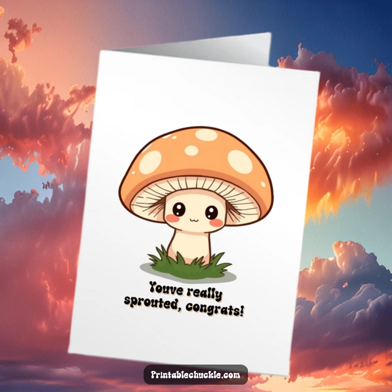 Funny Free Printable Congrats Card: Shy mushroom peeking from under an oversized quirky hat, celebratory.