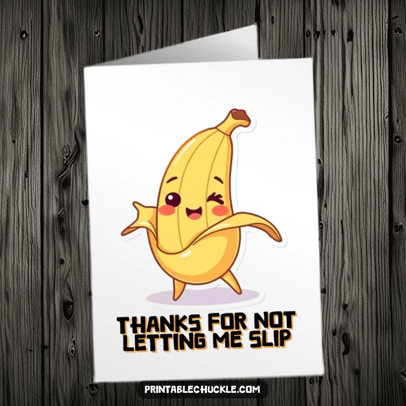 Funny Free Printable Thank You Card: A smiling banana character takes a funny tumble over its peel, offering thanks.