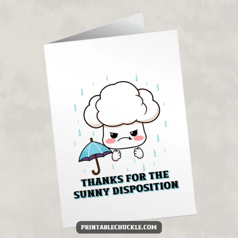 Funny Free Printable Thank You Card: A grumpy cloud offers miniature umbrellas as a peculiar token of thanks for any occasion.