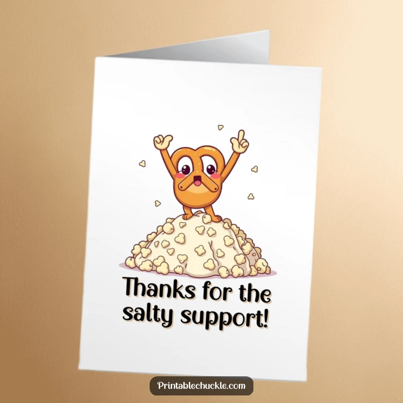 Funny Free Printable Pretzel Thank You Card: Triumphant pretzel strikes a victory pose on a popcorn mountain, conveying heartfelt thanks.