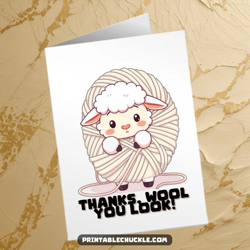 Funny free printable thank you card with a fluffy sheep tangled in a giant ball of yarn, looking confused while expressing cozy gratitude.