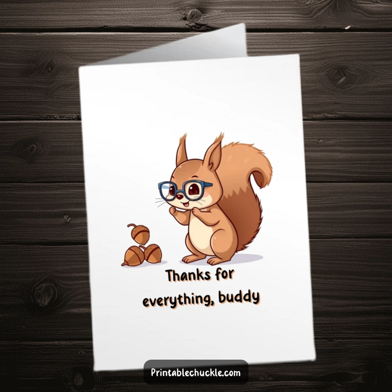Funny Free Printable Squirrel Thank You Card: A mischievous squirrel juggles acorns with its tail, expressing thanks.