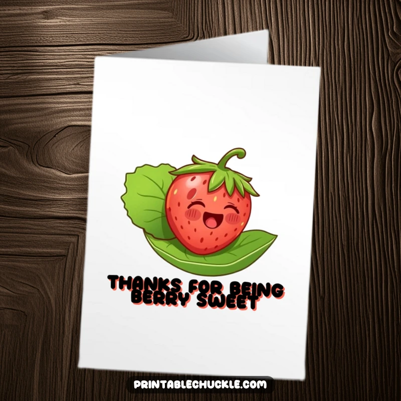 Funny Free Printable Thank You Card: A delighted strawberry floats cutely on its leaf, expressing sincere thanks with joy.