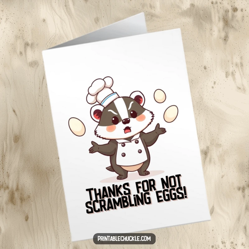 Funny Free Printable Thank You Card: Bewildered badger chef in a tiny hat, juggling eggs, a hilarious downloadable gift.