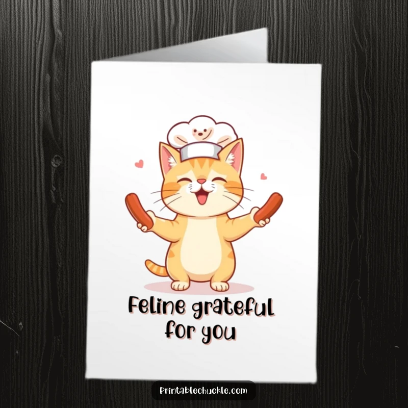 Funny free printable thank you card: a cat chef in a hat juggling hot dogs with impressive skill.